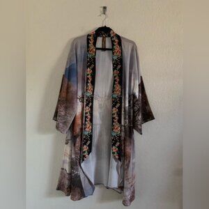 Aratta Silent Journey Bohemian Deer Graphic, Print, Long Kimono Duster  XS